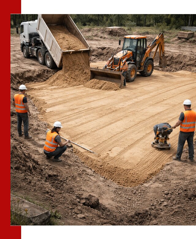 Устройство песчаной подушки для фундаментов и дорог в Карталах